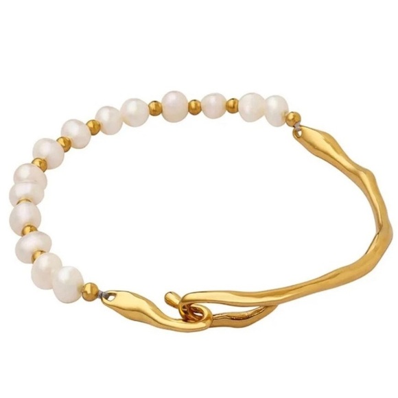 NEW 18K yellow gold plated freshwater pearl bangle bracelet jewelry B27A - Picture 6 of 9
